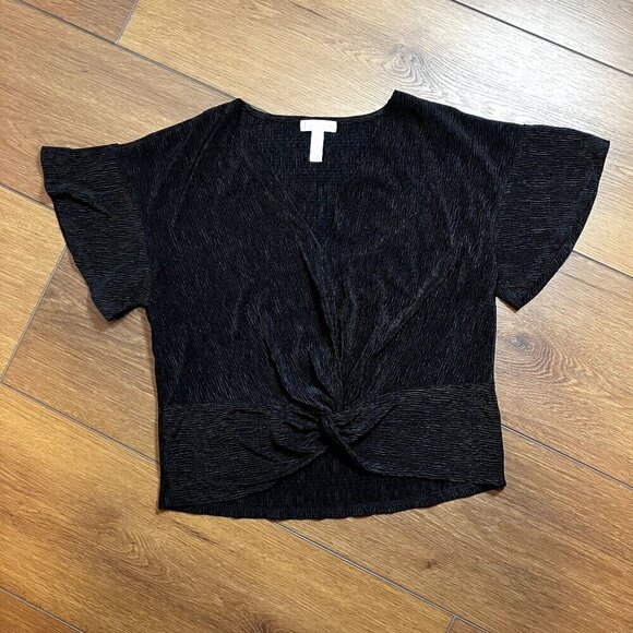 Leith Black V-Neck Knotted Front Flutter Sleeve Blouse Size S - Picture 1 of 7
